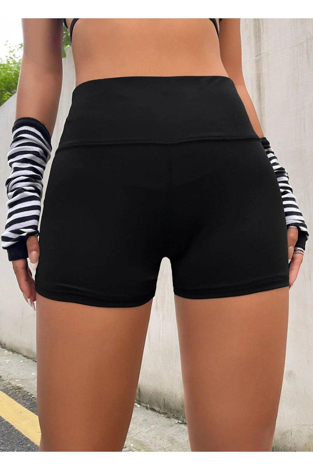 Kadın Siyah Yüksek Bel Spor Şort - Bel Kontrolü Olan Yoga Koşu Fitness Şortları - Fancy&Dancy